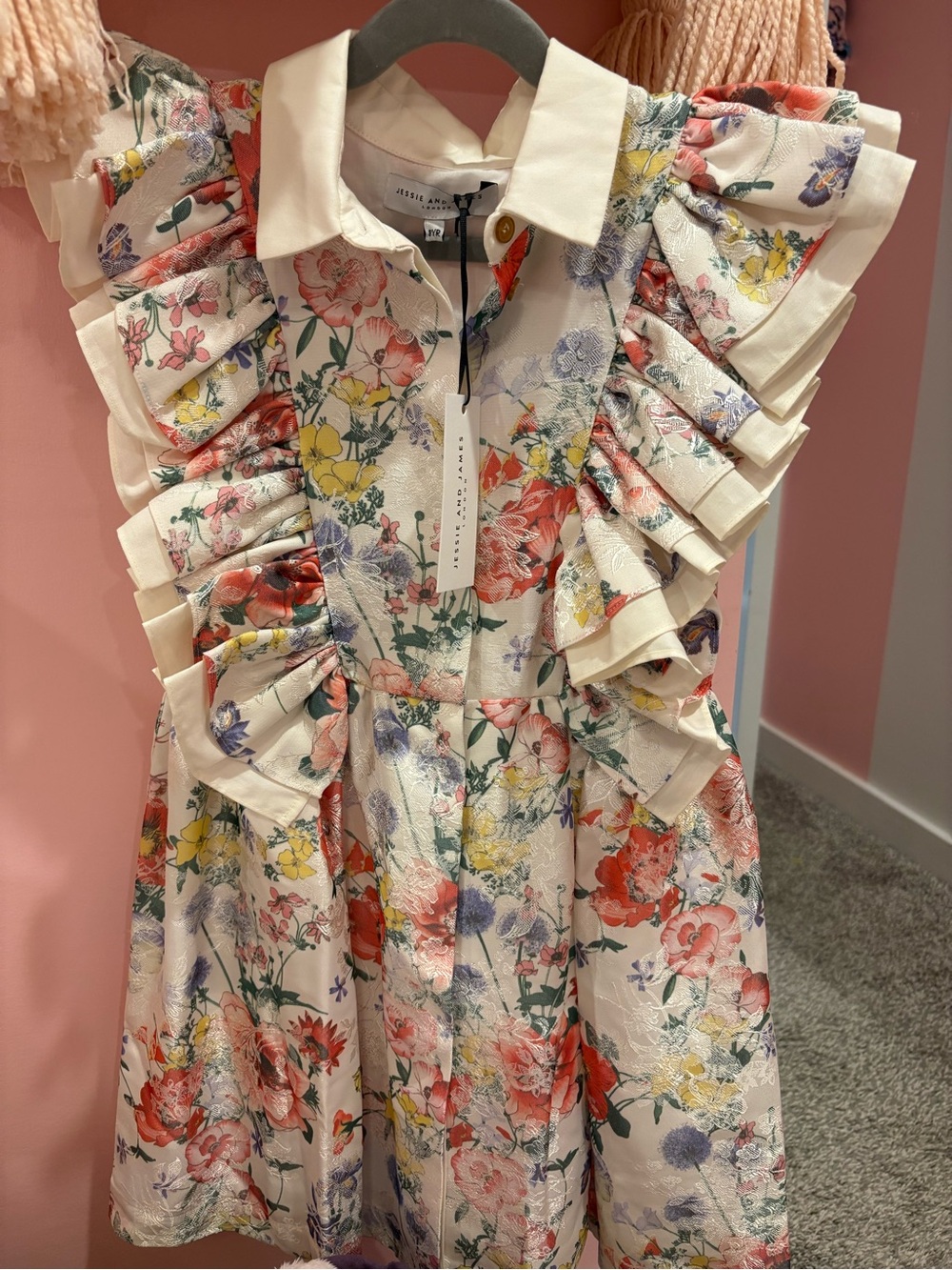 Jessie and James Girls Floral Ruffle Dress in Cream with Multicolor Blooms